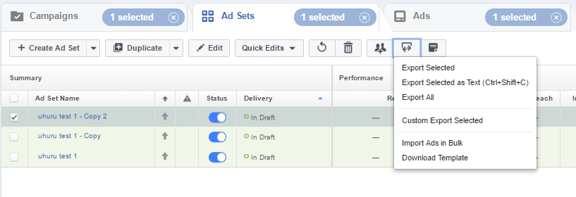 Export and import facebook power editor