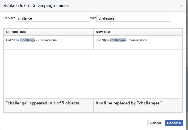 Find and replace facebook power editor