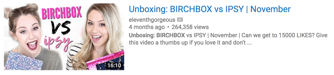 subscription box marketing Birchbox vs ipsy unboxing video example