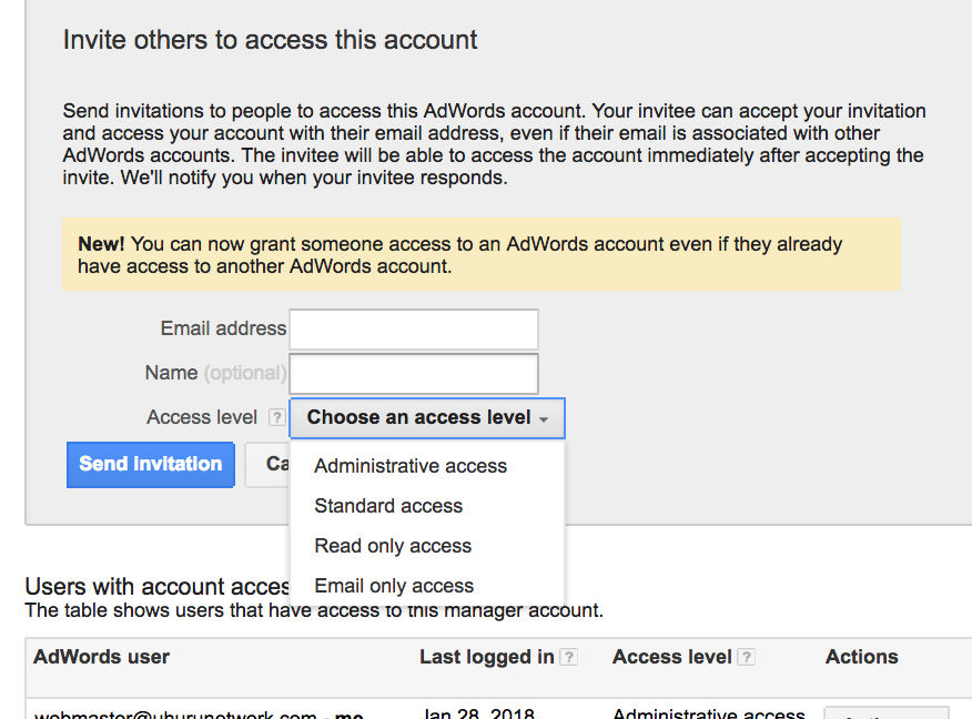 invite people to adwords account