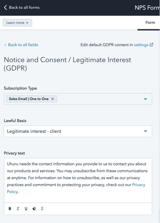 Create a HubSpot NPS Campaign - Step 3- add Notice