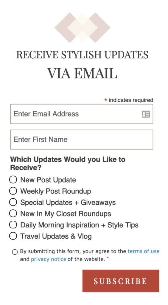 Sample of email newsletter signup with multiple checkboxes