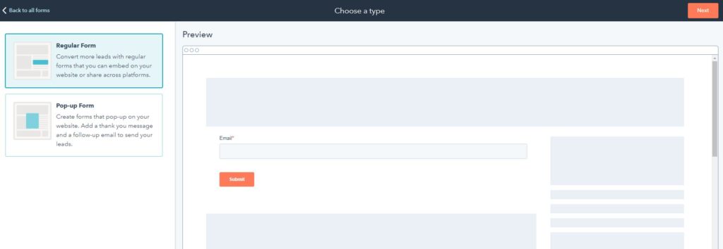 Create a form and select Regular Form